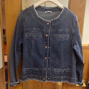Dark Blue Denim Jacket with Frayed Trim